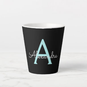 Tasse Latte Aqua Turquoise Blue Script Girl Nom du monogramme