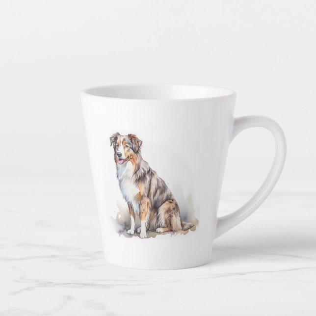 Tasse Latte Aquarelle Australian Shepherd (Droite)