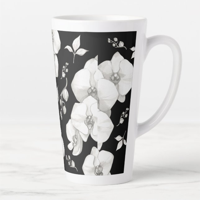 Tasse Latte Aquarelle blanche orchidée sur noir | (Droite)