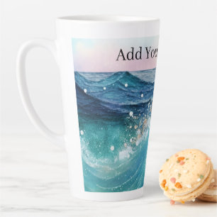 Tasse Latte Aquarelle Bleu Blanc Océan Vague Personnalisée Nom