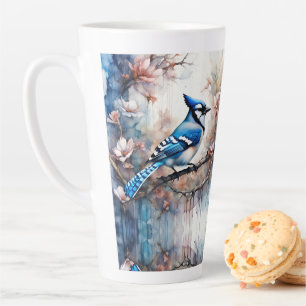 Tasse Latte Aquarelle bleu Jay Cherry Blossoms