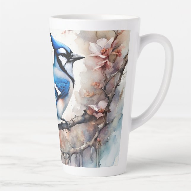 Tasse Latte Aquarelle bleu Jay Cherry Blossoms (Droite)