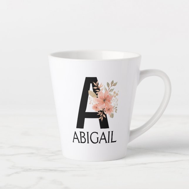 Tasse Latte Aquarelle Blush Pastel Rose Monogramme avec nom (Droite)