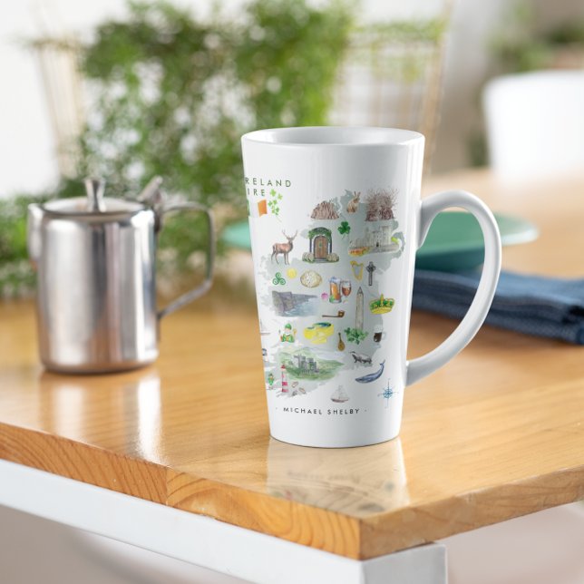 Tasse Latte Aquarelle Carte illustrée de l'Irlande | Monogramm (Créateur téléchargé)