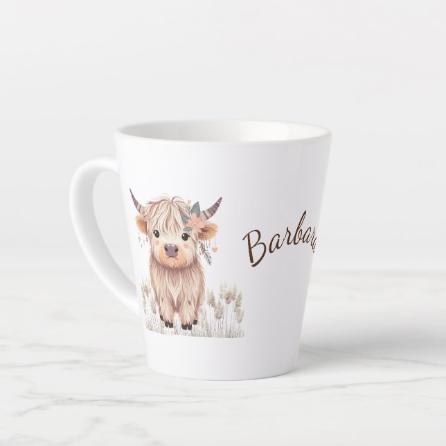 Tasse Latte Aquarelle Cute personnalisée Highland Cow (Angle gauche)