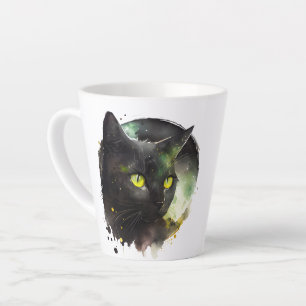 Tasse Latte Aquarelle de chat noir mystique - Art nocturne enc