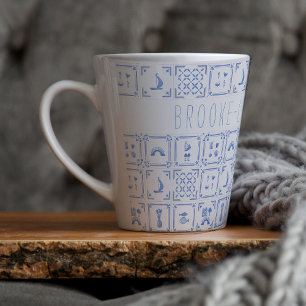 Tasse Latte Aquarelle Delft Carrelage bleu et blanc   Monogram