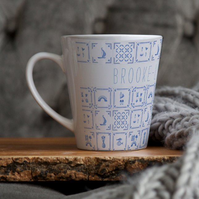 Tasse Latte Aquarelle Delft Carrelage bleu et blanc | Monogram (Créateur téléchargé)
