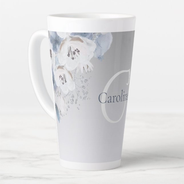 Tasse Latte Aquarelle d'hiver Monogramme floral personnalisé (Angle gauche)