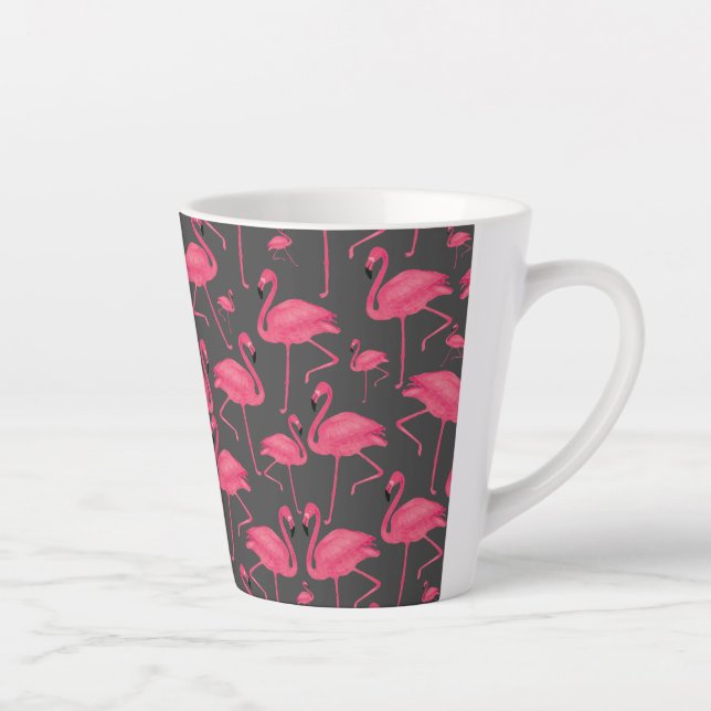 Tasse Latte Aquarelle d'oiseau Flamant rose en gris foncé (Droite)