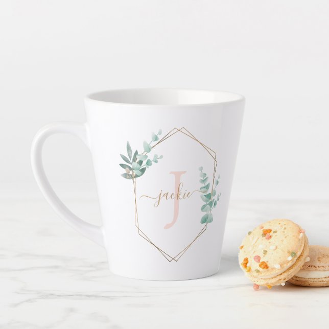 Tasse Latte Aquarelle Eucalyptus Monogramme encadré (En situation)