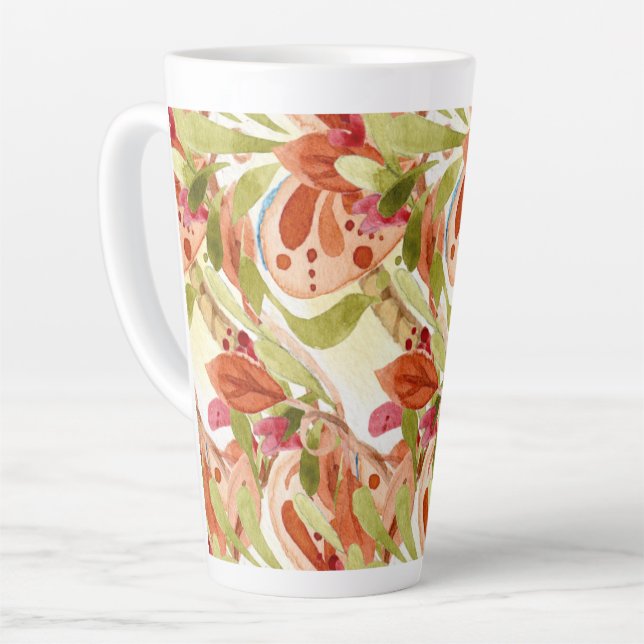 Tasse Latte Aquarelle Feuilles rose et vert sage (Angle gauche)