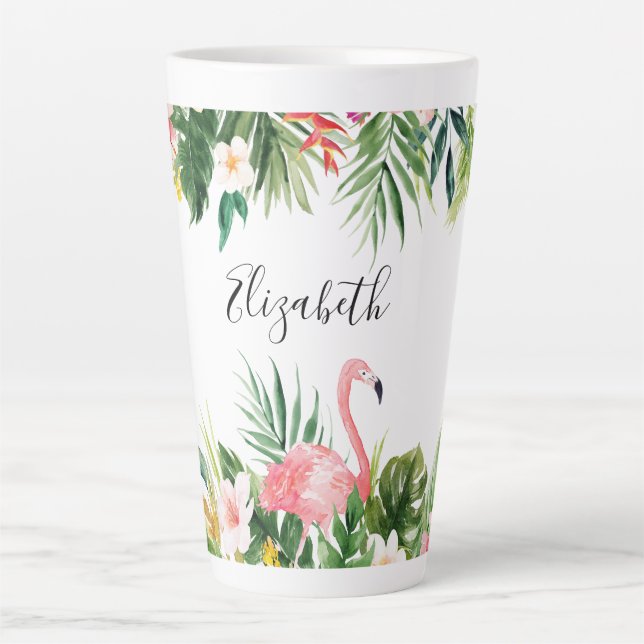 Tasse Latte Aquarelle Flamant rose floral tropical Grand (Devant)
