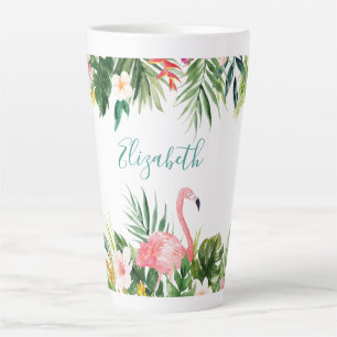 Tasse Latte Aquarelle Flamant rose floral tropical Turquoise g