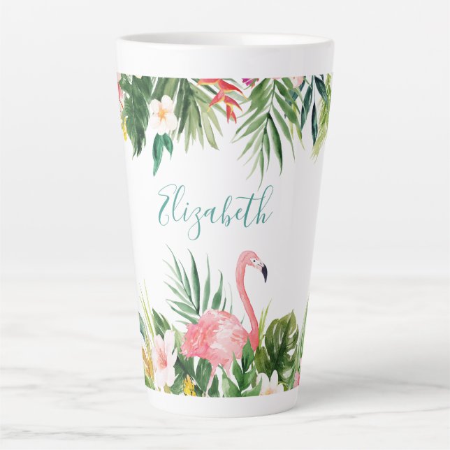 Tasse Latte Aquarelle Flamant rose floral tropical Turquoise g (Devant)