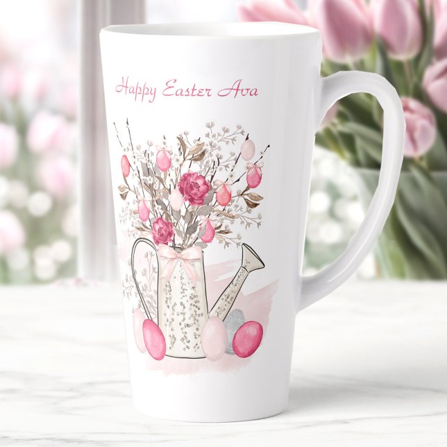 Tasse Latte Aquarelle Fleurs de printemps Pâques Personnalisée (Watercolor Spring flowers Easter Personalized Latte Mug)