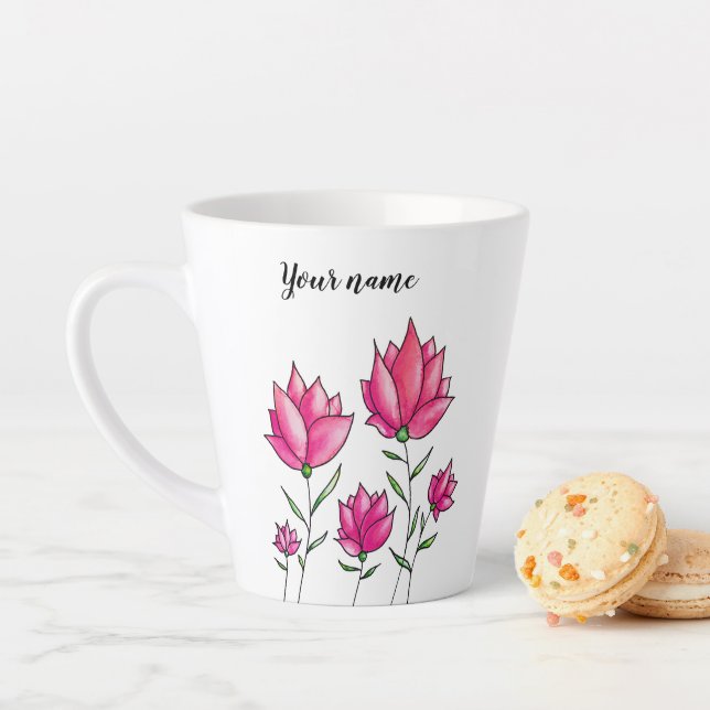 Tasse Latte Aquarelle Fleurs roses Nom de fille (En situation)