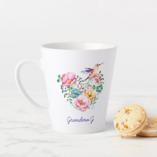 Tasse Latte Aquarelle Floral Coeur Hummingbird Grand-mère Cade