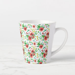 Tasse Latte Aquarelle Floral Lumineux Avec Motif Fleurs Rouges