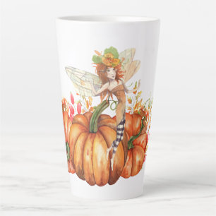 Tasse Latte Aquarelle Forêt Fée & Citrouille d'automne Bouquet