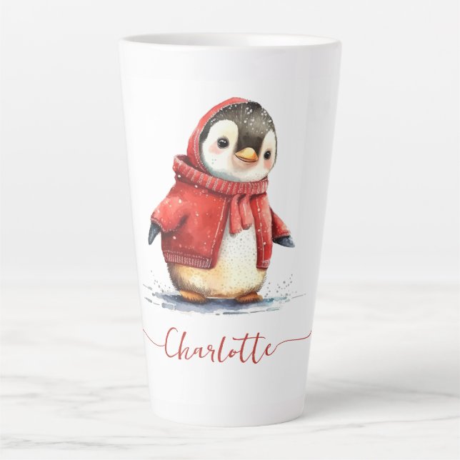 Tasse Latte Aquarelle mignonne Pingouin de Noël personnalisé (Devant)