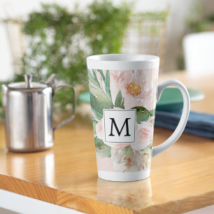 Tasse Latte Aquarelle moderne Fleurs roses Monogrammes