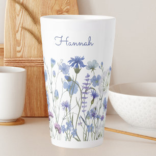 Tasse Latte Aquarelle monochrome bleu Fleur sauvage prairie