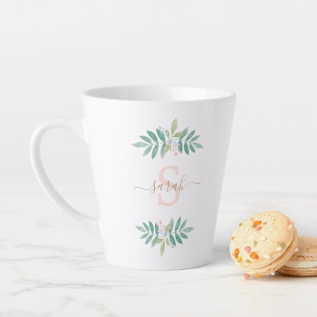 Tasse Latte Aquarelle Monogramme floral (En situation)
