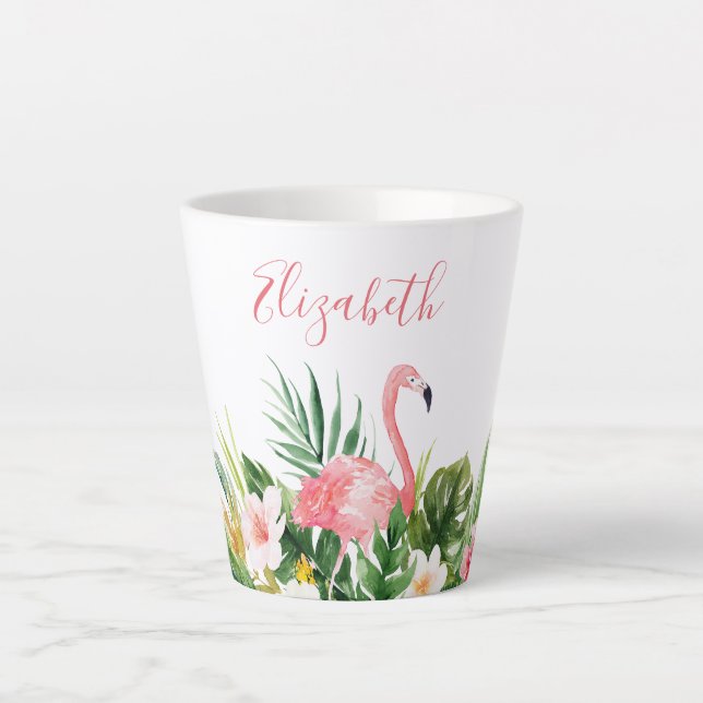 Tasse Latte Aquarelle Nom floral tropical Flamant rose rose (Devant)