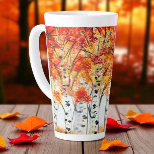 Tasse Latte Aquarelle Oiseaux Arbres Automne Orange Feuille