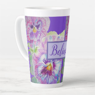 Tasse Latte Aquarelle Pansy Floral Plutôt Violet Fleur