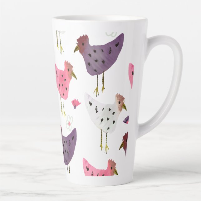 Tasse Latte Aquarelle Rooster rose violet motif floral (Droite)