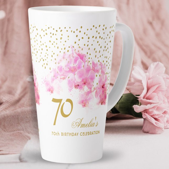 Tasse Latte Aquarelle rose orchidée Parties scintillant or 70e (Créateur téléchargé)