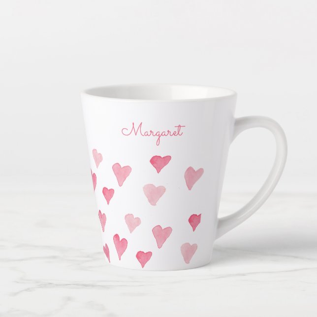 Tasse Latte Aquarelle rose personnalisée Coeurs Valentines Day (Droite)
