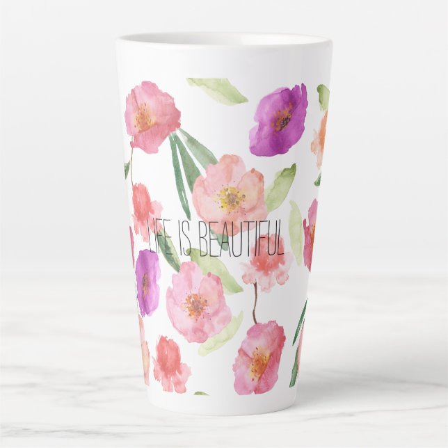 Tasse Latte Aquarelle rose violet rose de la fille (Devant)