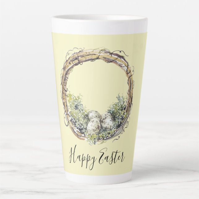Tasse Latte Aquarelle Rustique Grapevine & Nid d'Oeufs Pâques (Devant)