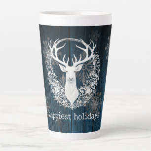 Tasse Latte Aquarelle rustique renne blanc Bleu