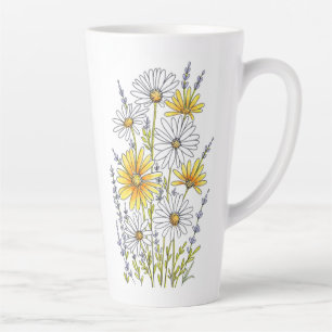 Tasse Latte Aquarelle, stylo et bouquet floral en encre