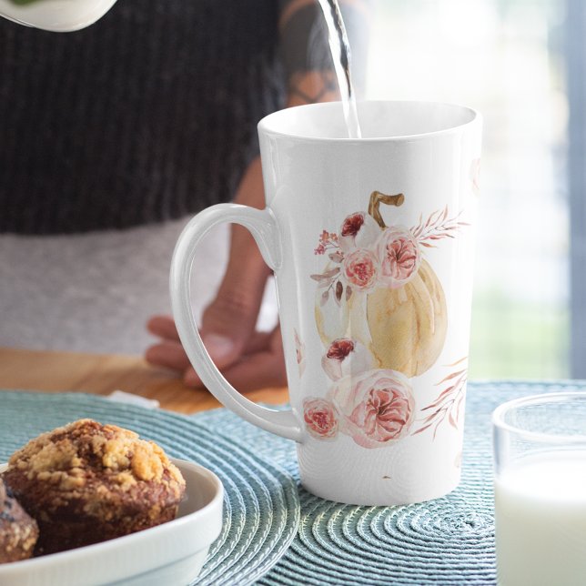 Tasse Latte Aquarelle tendance Citrouille et fleurs | Automne (Créateur téléchargé)
