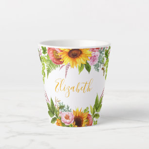 Tasse Latte Aquarelle Tournesol Floral Nom jaune