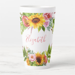 Tasse Latte Aquarelle Tournesol Floral Nom rose Grand