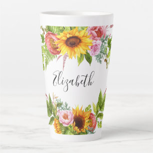 Tasse Latte Aquarelle Tournesol Nom floral Grand