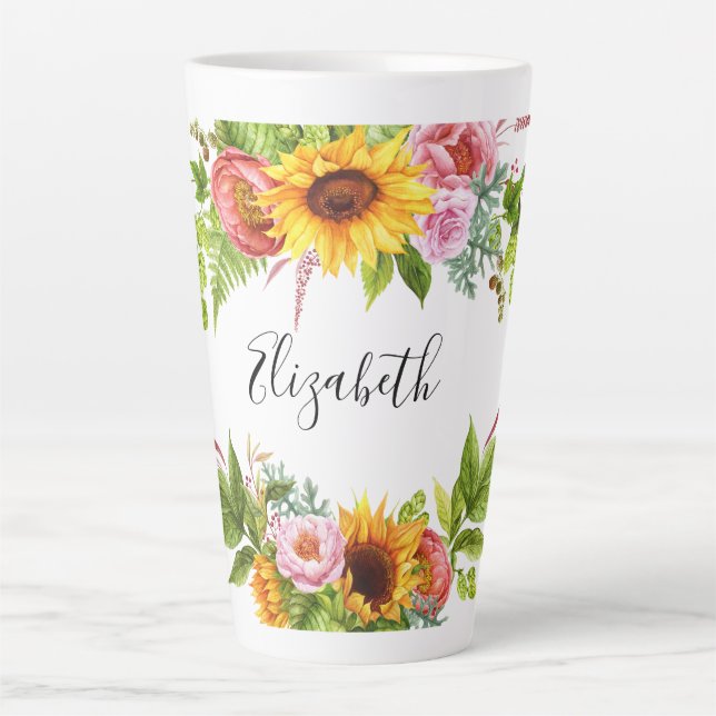 Tasse Latte Aquarelle Tournesol Nom floral Grand (Devant)