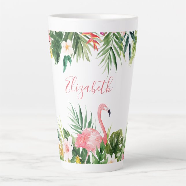 Tasse Latte Aquarelle Tropical Floral Flamant rose rose Grand (Devant)