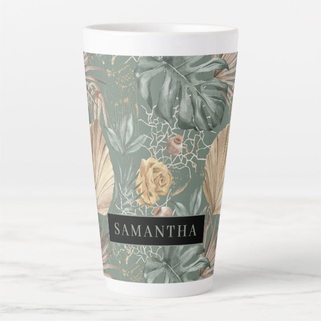 Tasse Latte Aquarelle Tropicale Gold & Green Feuille Motif (Devant)