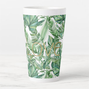 Tasse Latte Aquarelle tropicale Vert Feuille Gold Love (mince)