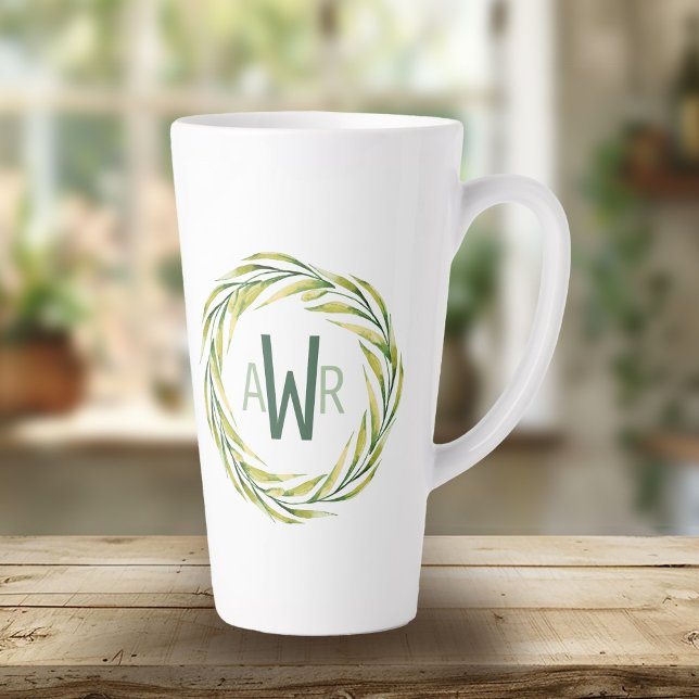 Tasse Latte Aquarelle vert cadre Monogramme ID667 (Créateur téléchargé)