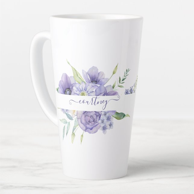 Tasse Latte Aquarelle violette florale personnalisée (Angle gauche)
