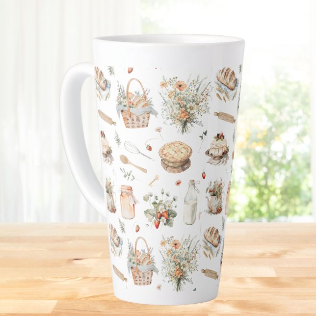 Tasse Latte Aquarelle Whimsical Floral Strawberry Country (In situ)