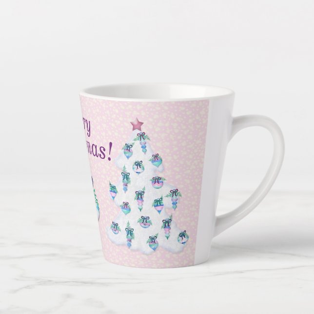 Tasse Latte Arbre de Noël blanc sur rose neige (Droite)